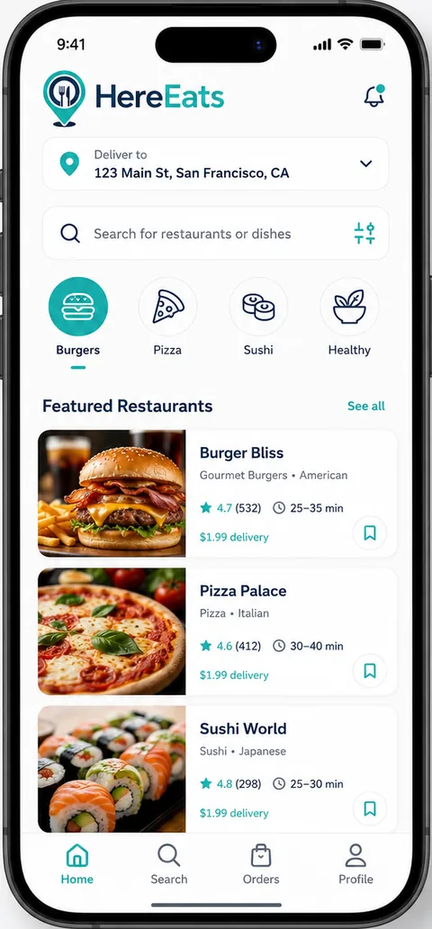 The HereEats app showing restaurants near you